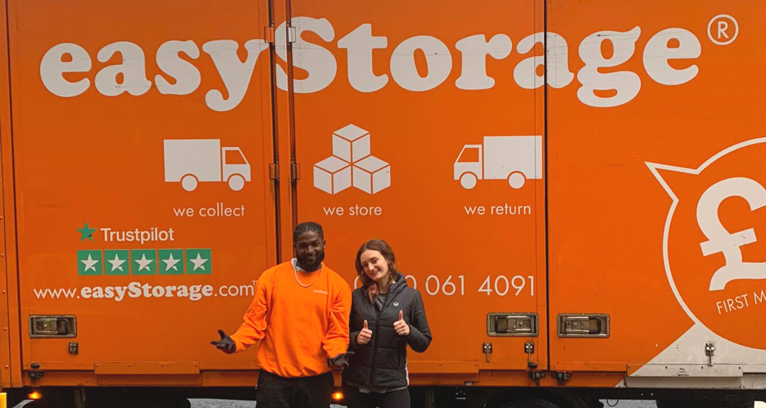 A happy easyStorage customer and a loader by the easyStorage van
