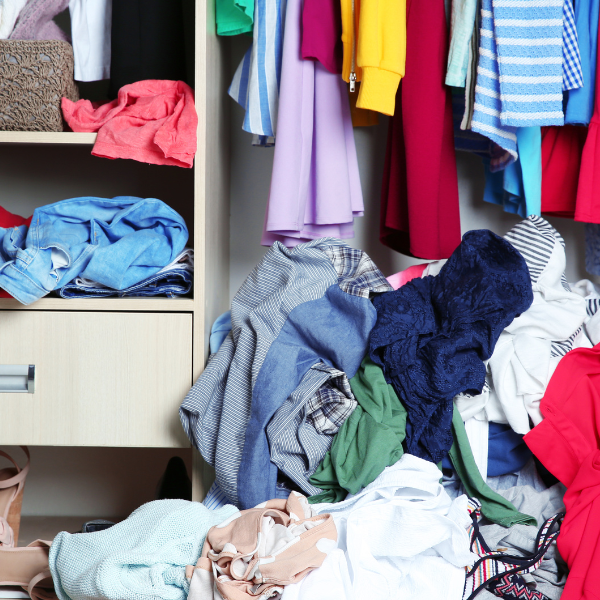 A messy wardrobe that needs a declutter