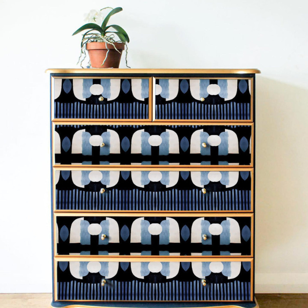 Upcycled blue and gold chest of drawers with painted abstract design
