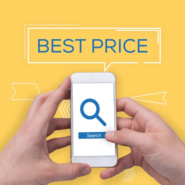 Phone in hands with search and a best price speech bubble