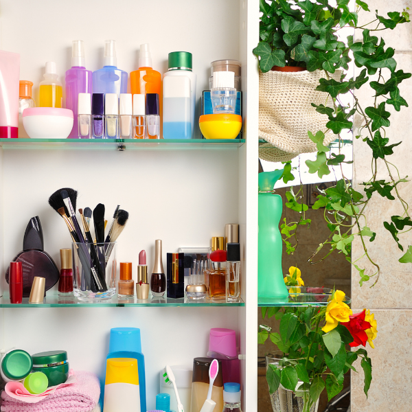 Organised cosmetics on bathroom shelves out of childrens reach