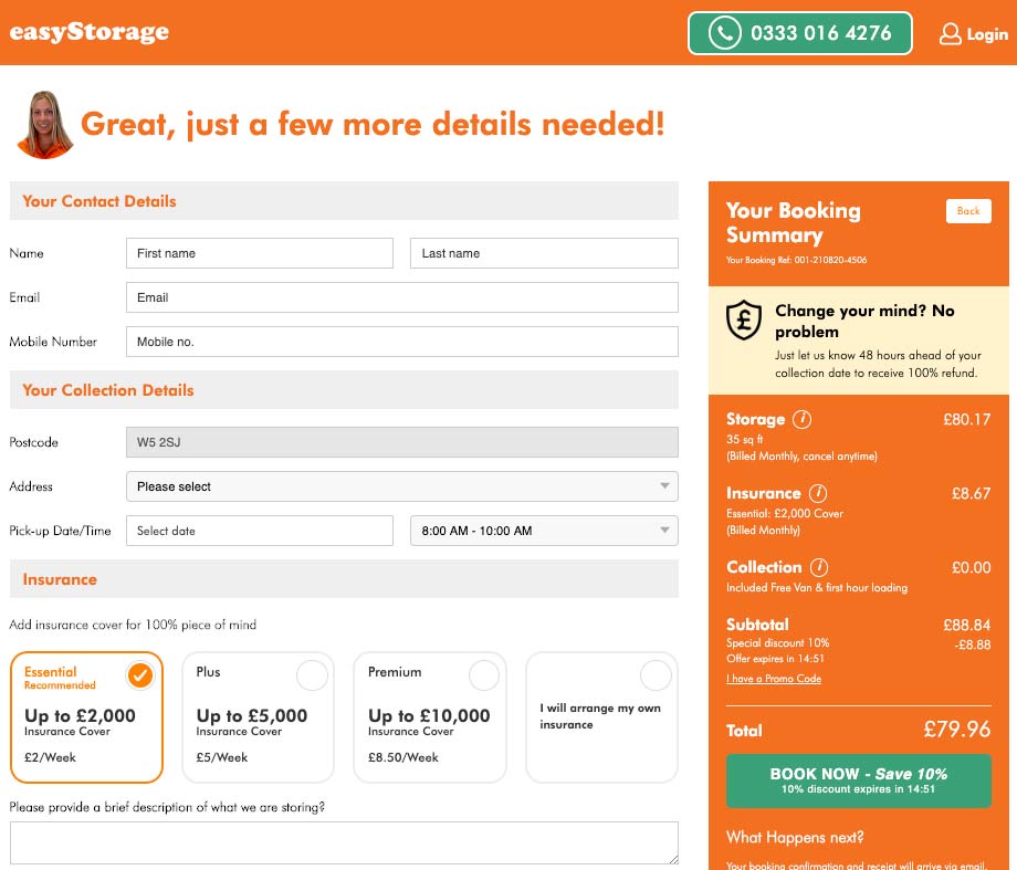 Booking easyStorage online screenshot