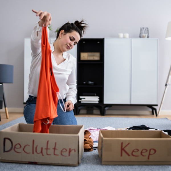 A woman sorting clothes between two cardboard boxes labelled declutter and keep