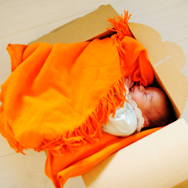 Newborn baby asleep in cardboard storage box