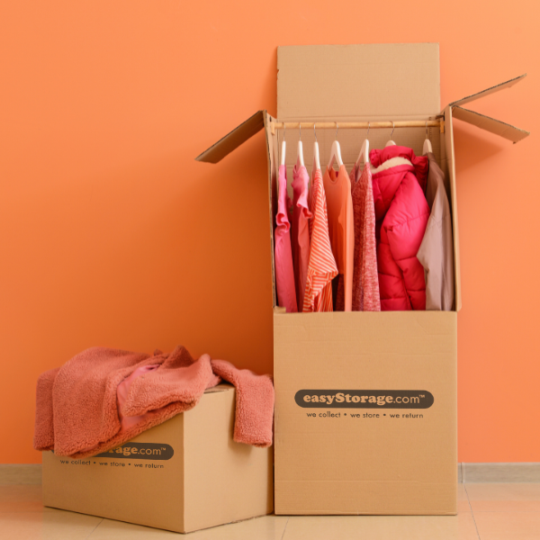 An easyStorage box and an easyStorage wardrobe box filled with clothes