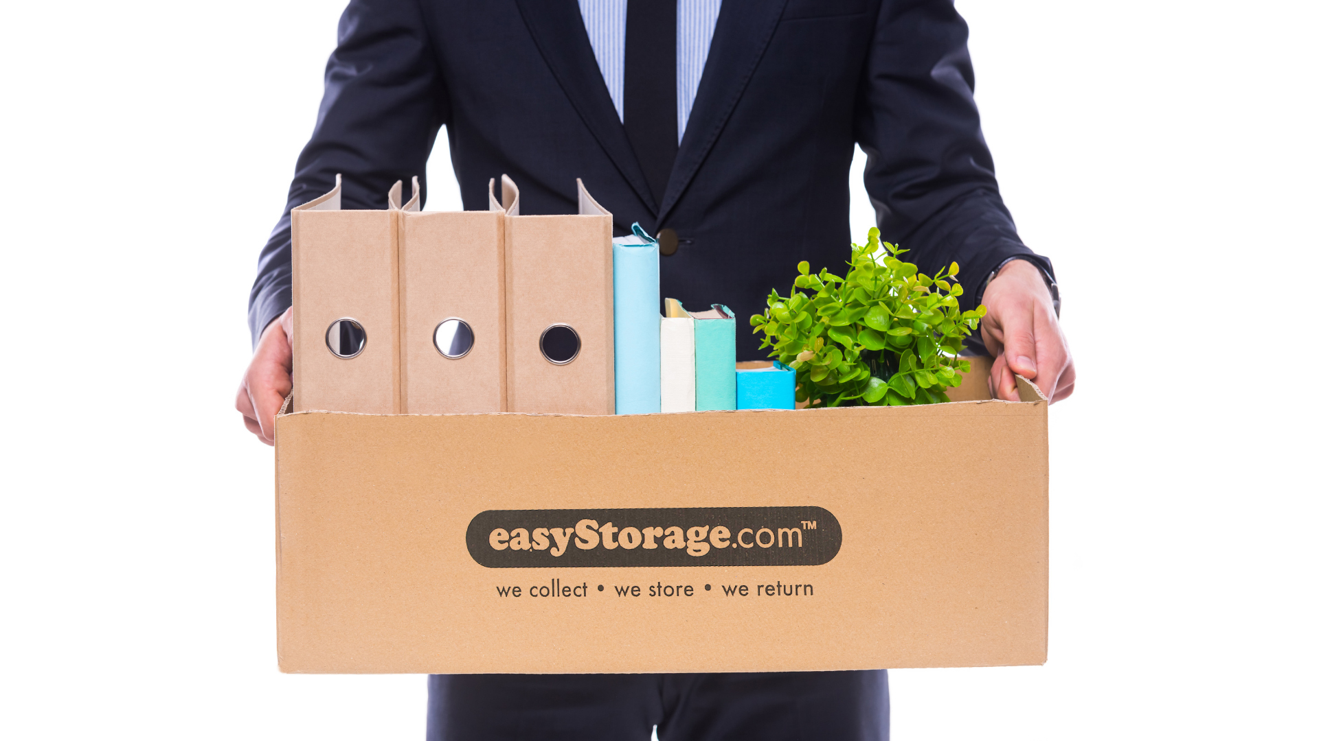 Man in suit with office supplies in a easyStorage box