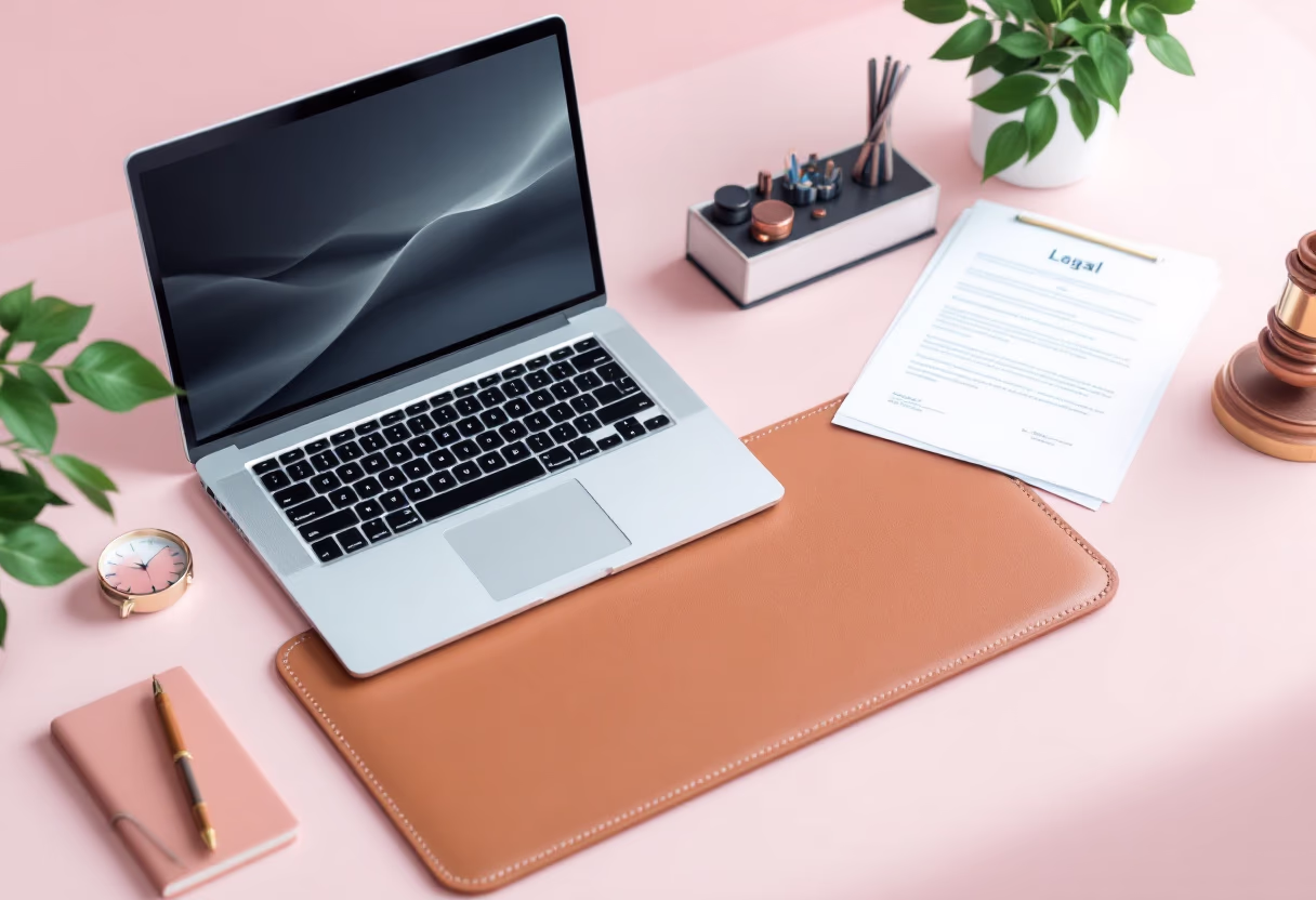 [background image] image of a work desk with a laptop and documents (for a ai legal tech company)
