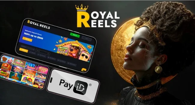 Royal Reels PayID illustration with a gold queen and mobile payment screen