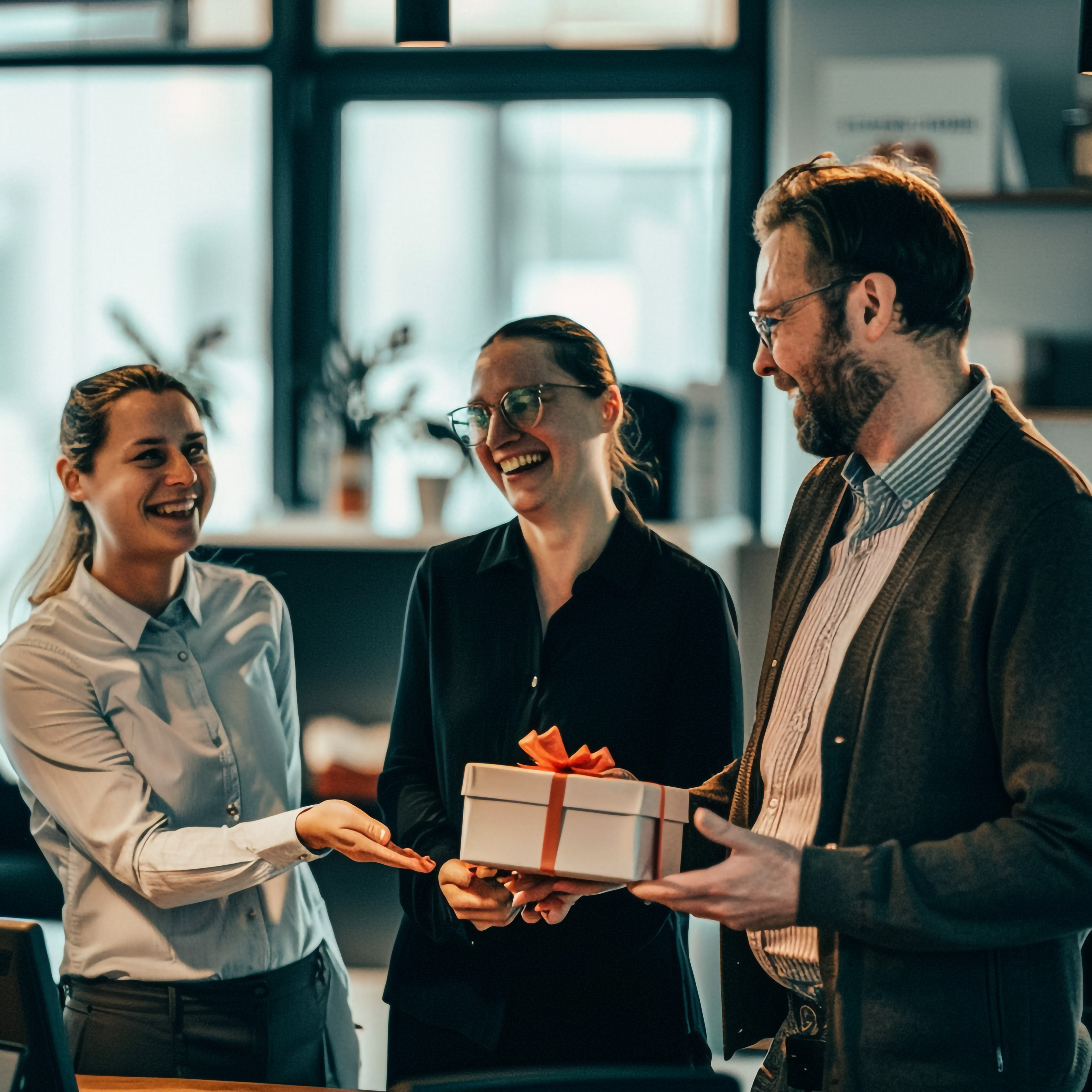 Collaborateurs échangeant des cadeaux en entreprise pour renforcer l’engagement
