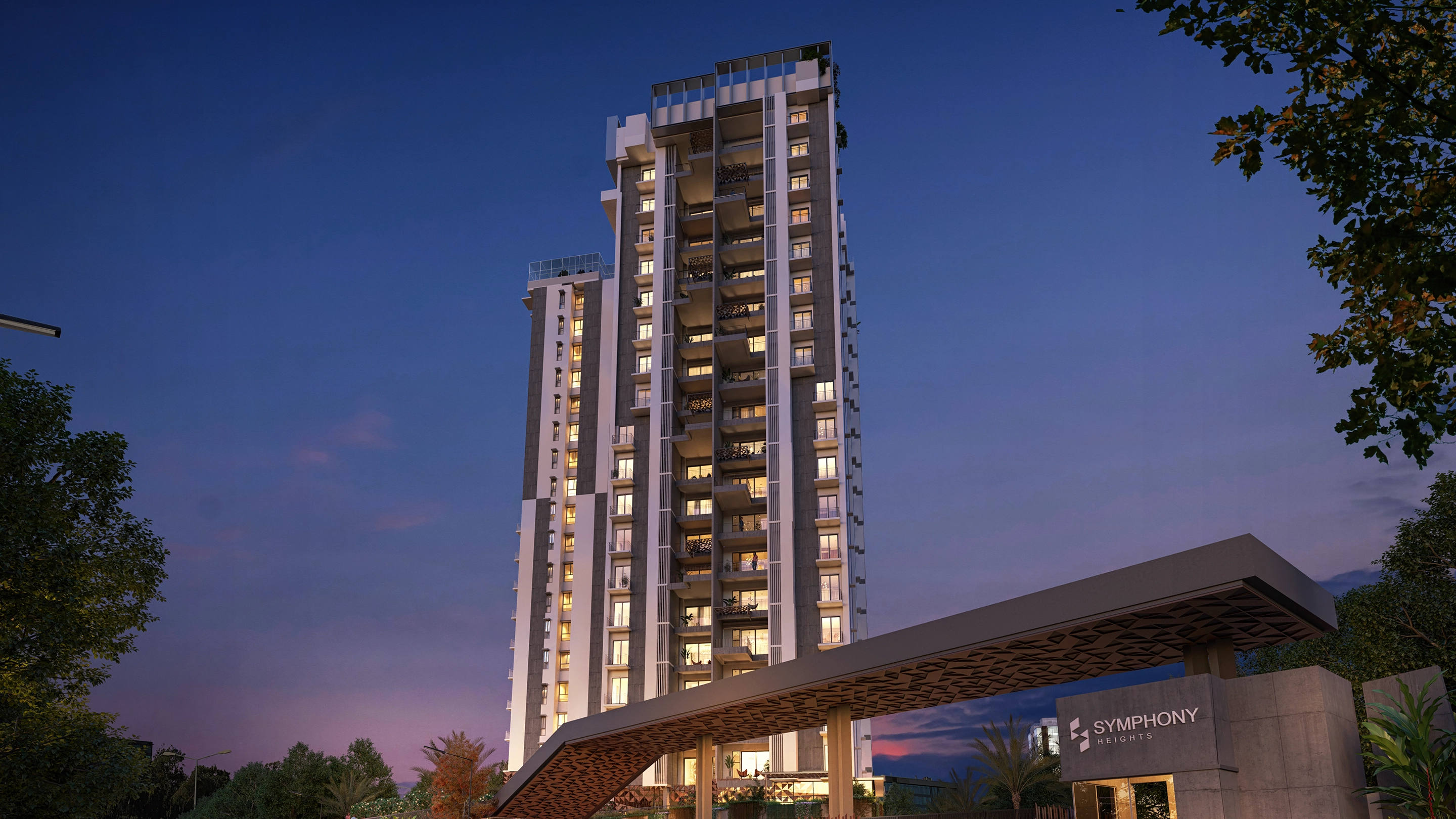 Symphony Heights high-rise apartments in Hennur, Bangalore – evening view of the residential tower