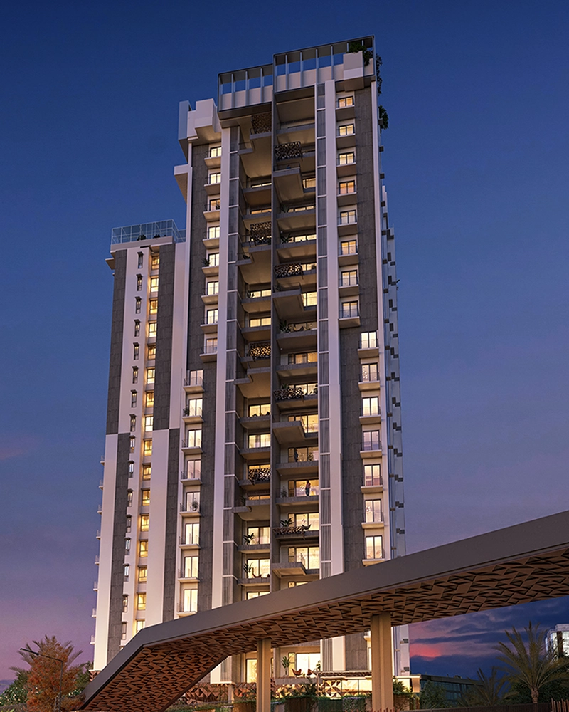 Symphony Heights high-rise apartments in Hennur, Bangalore – evening view of the residential tower
