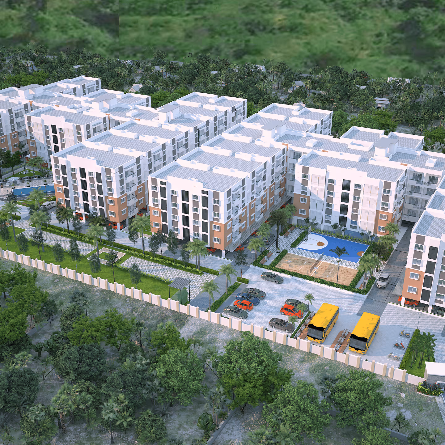 Disha Courtyard — completed residential community with landscaped open spaces.
