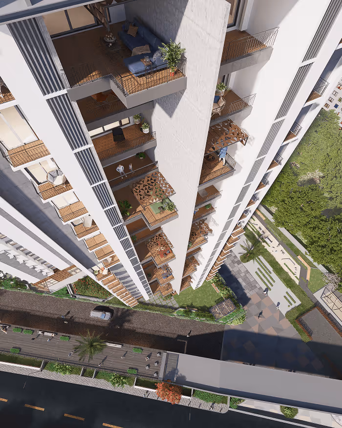 Cascading balconies at Symphony Heights providing privacy, airflow, and extended outdoor living.