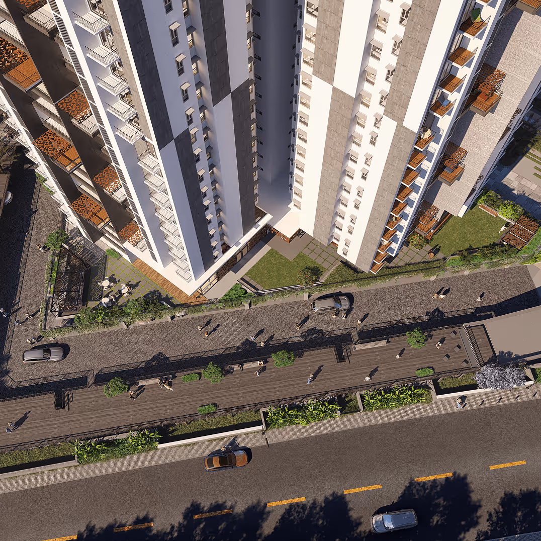 Top-down aerial view of Symphony Heights tower and landscaped surroundings