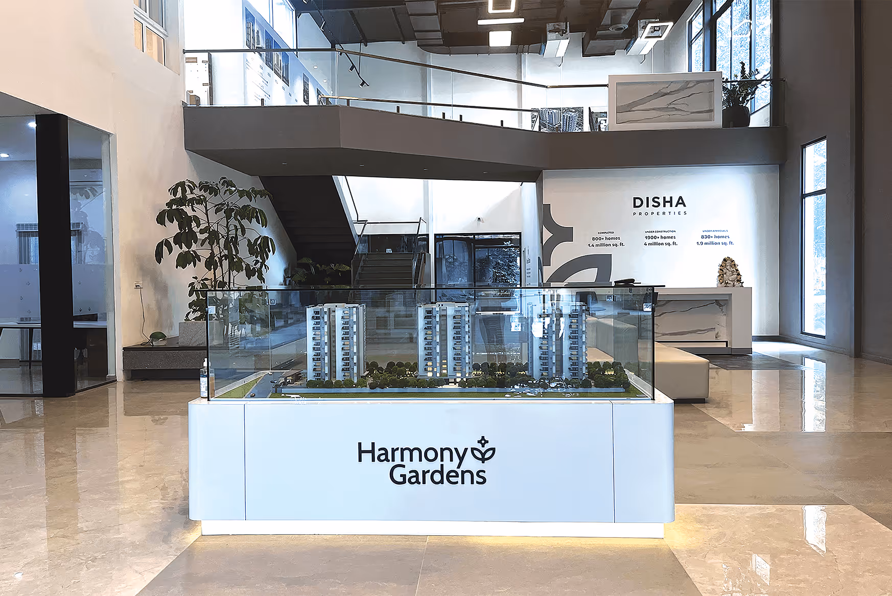 Experience Centre in Hennur with Harmony Gardens scale model and Disha legacy displays.