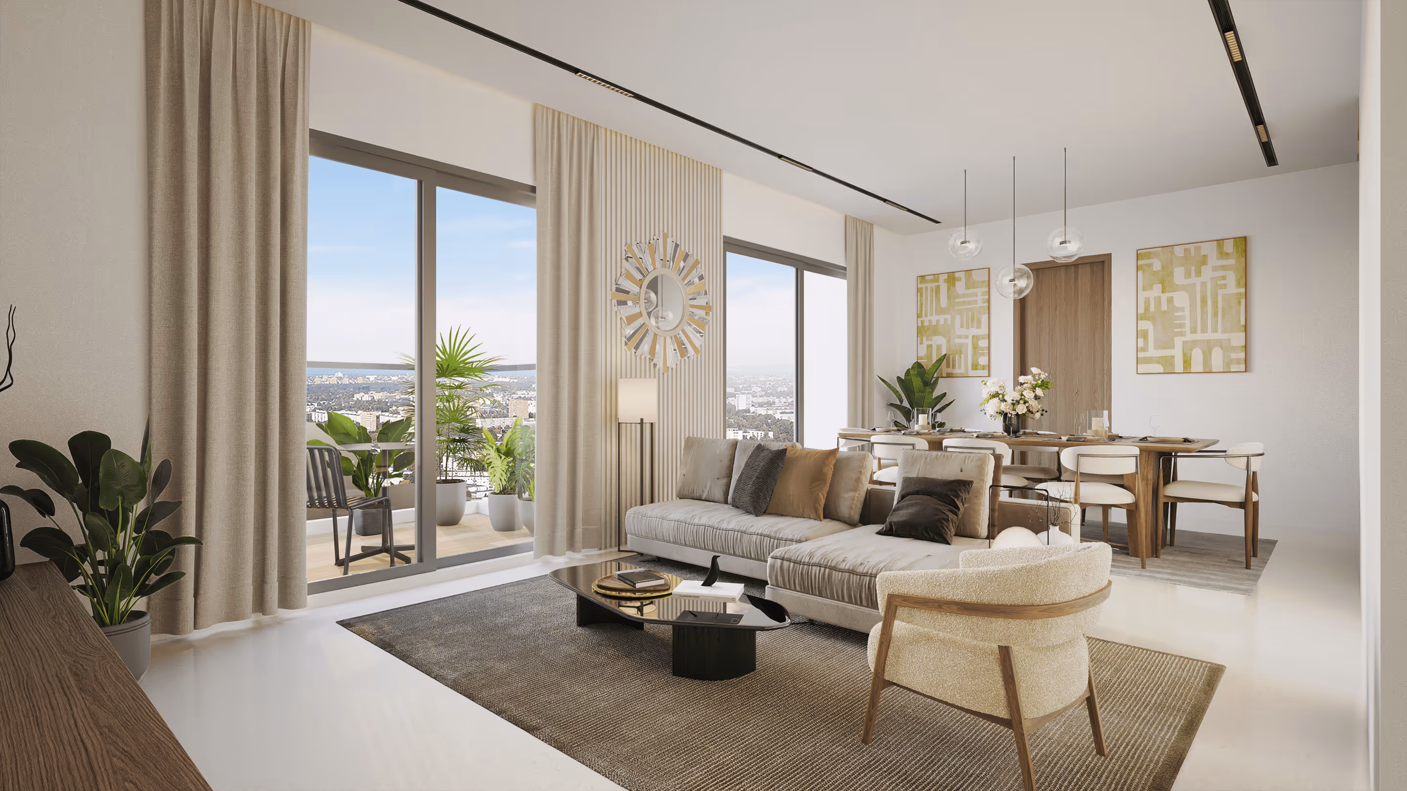 Spacious living room at Symphony Heights apartment with premium interiors and city views.
