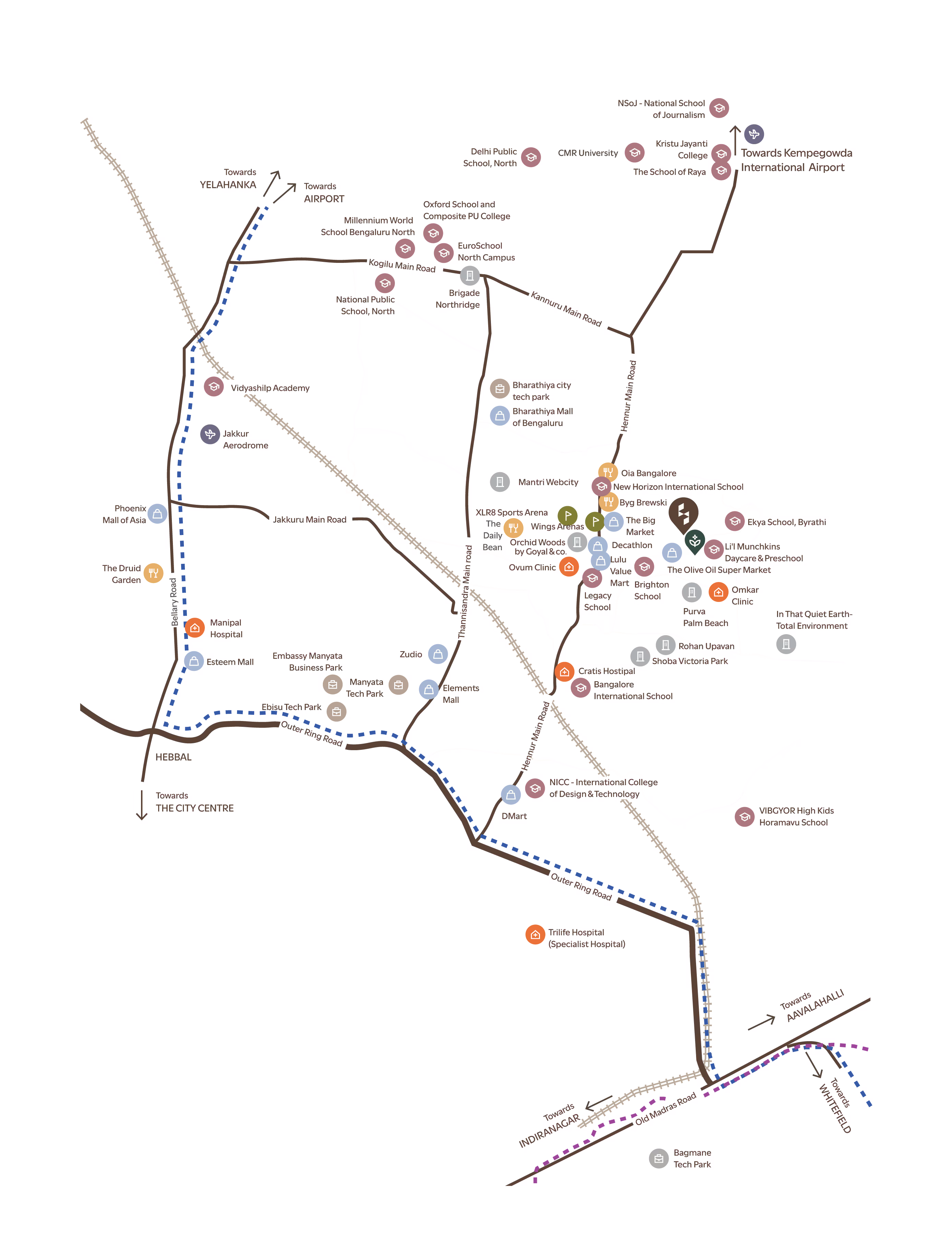 Symphony Heights location map — apartments in North Bangalore at Byrathi, Hennur, well-connected to schools, work hubs, and Manyata Tech Park.