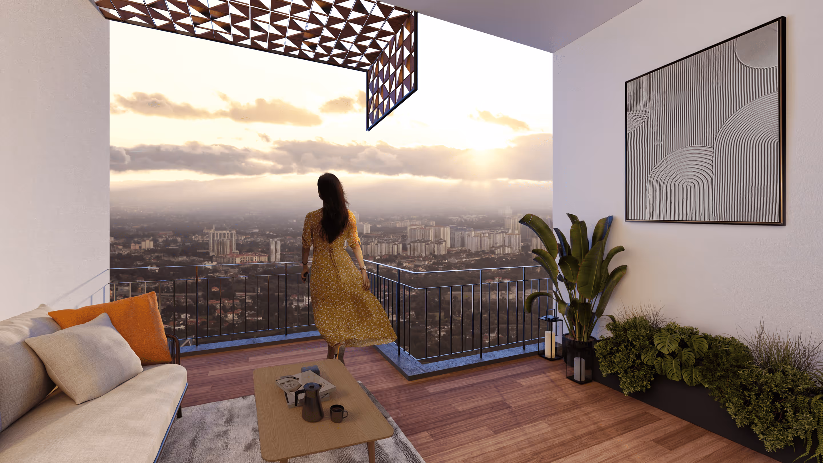 Private balcony with panoramic city views from Symphony Heights apartment.