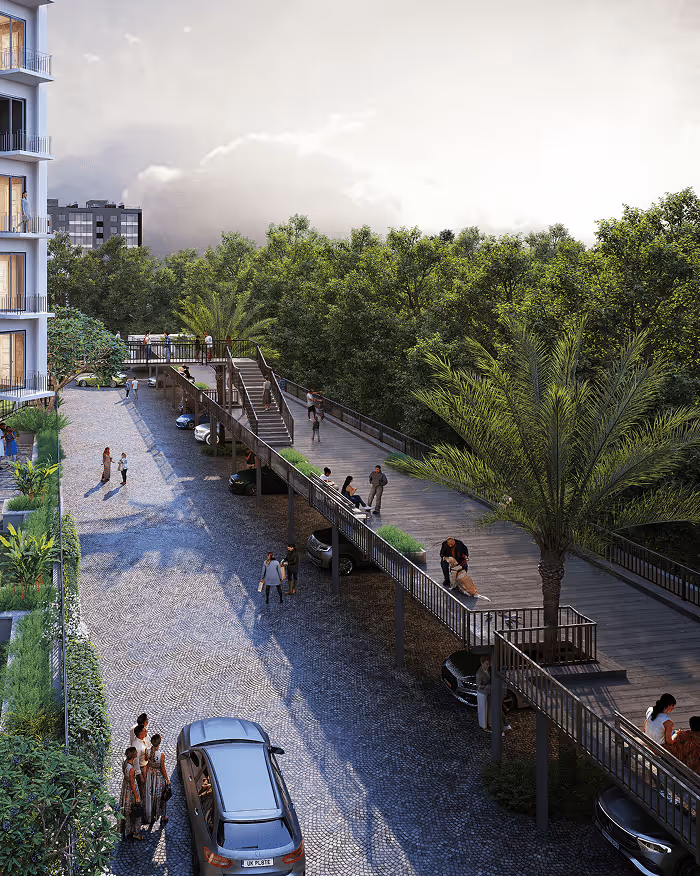 Elevated landscaped walkway at Symphony Heights connecting amenities with greenery and open views