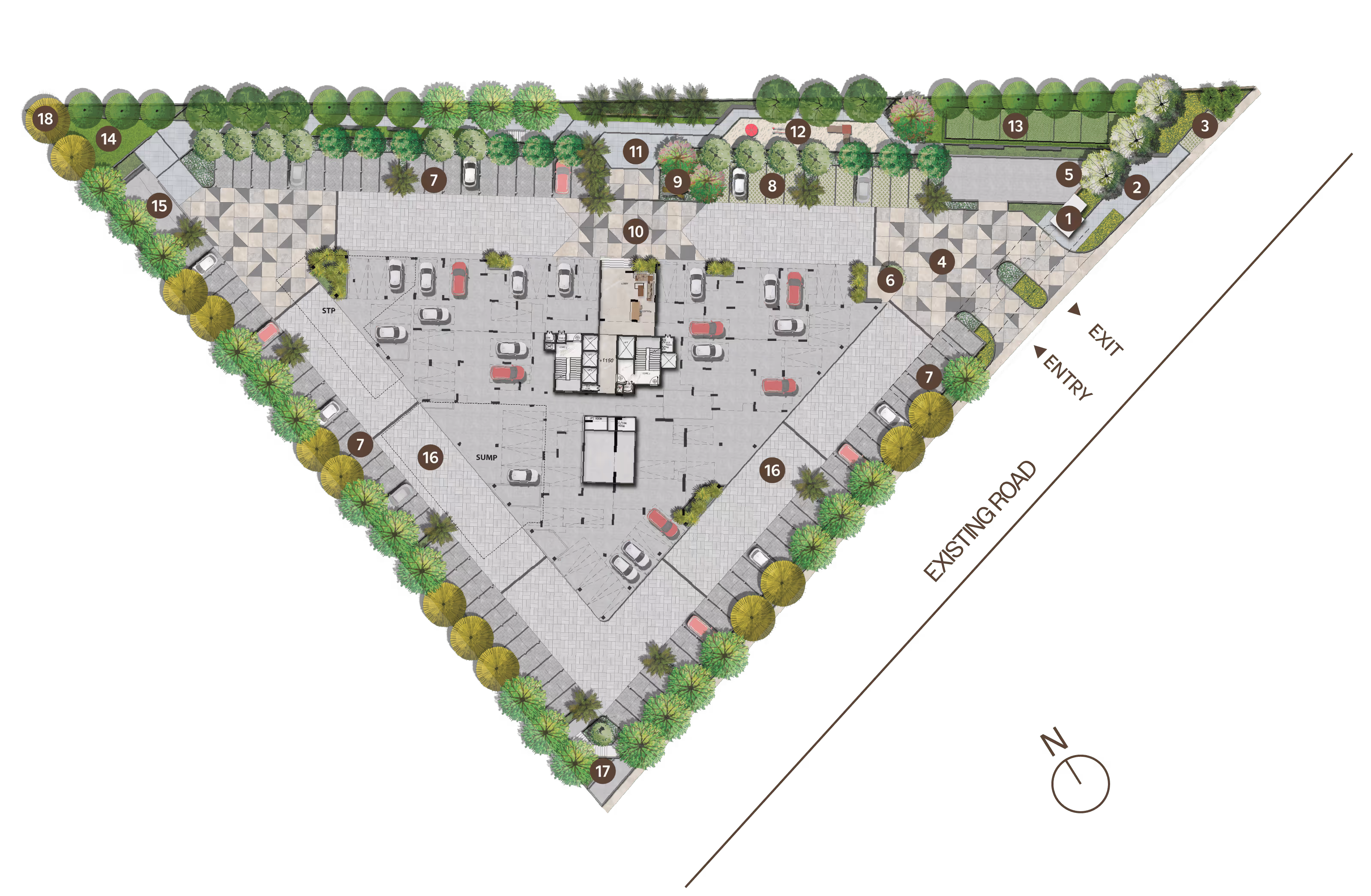 Ground Level: Symphony Heights ground-level master plan with entry plaza, parking, and community amenities.