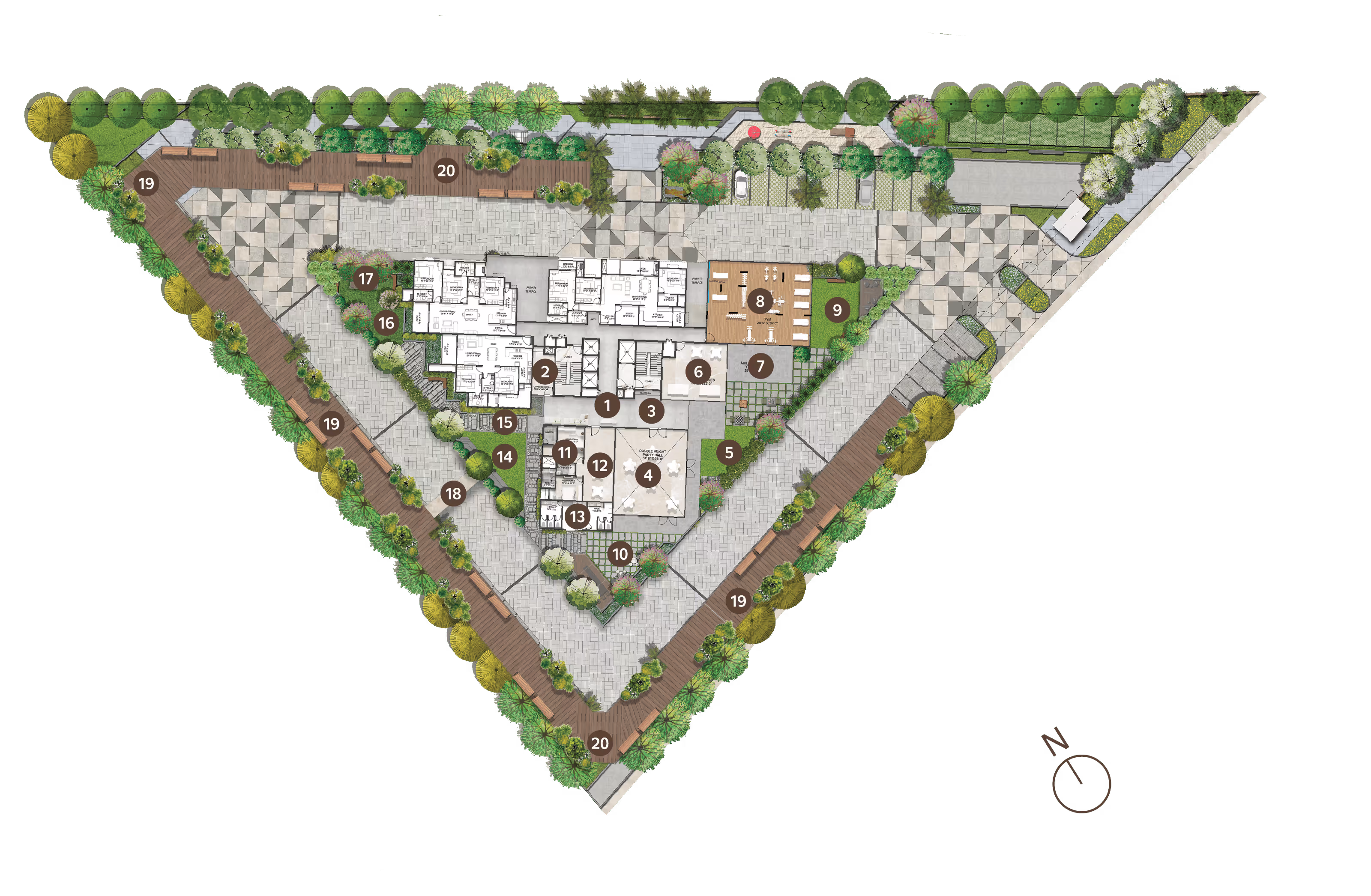 Podium Level: Podium-level plan at Symphony Heights with landscaped gardens, party lawn, and clubhouse.