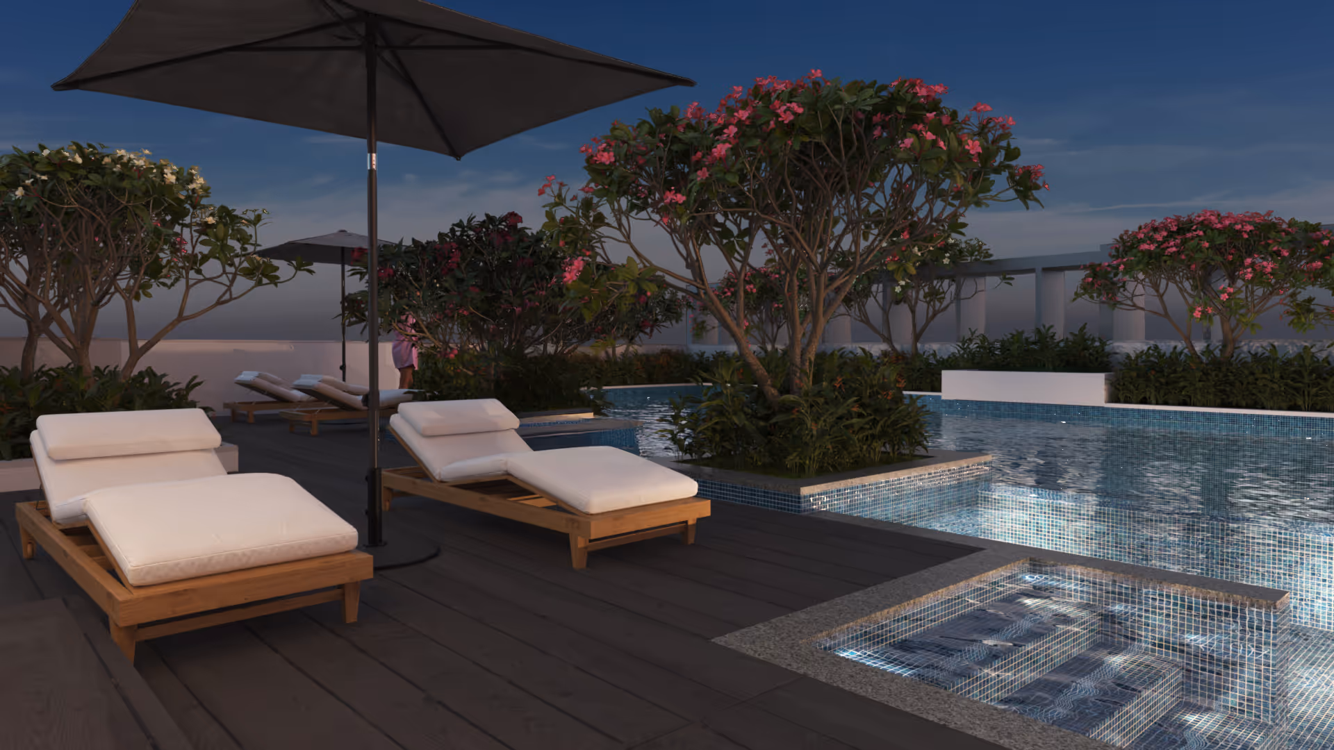 Pool Deck: Poolside deck with loungers at Symphony Heights rooftop for relaxation.