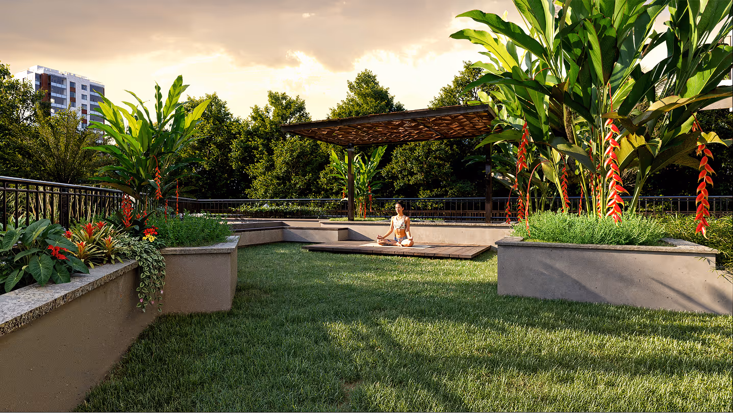 Yoga Deck: Outdoor yoga deck at Symphony Heights podium, set amidst landscaped gardens.