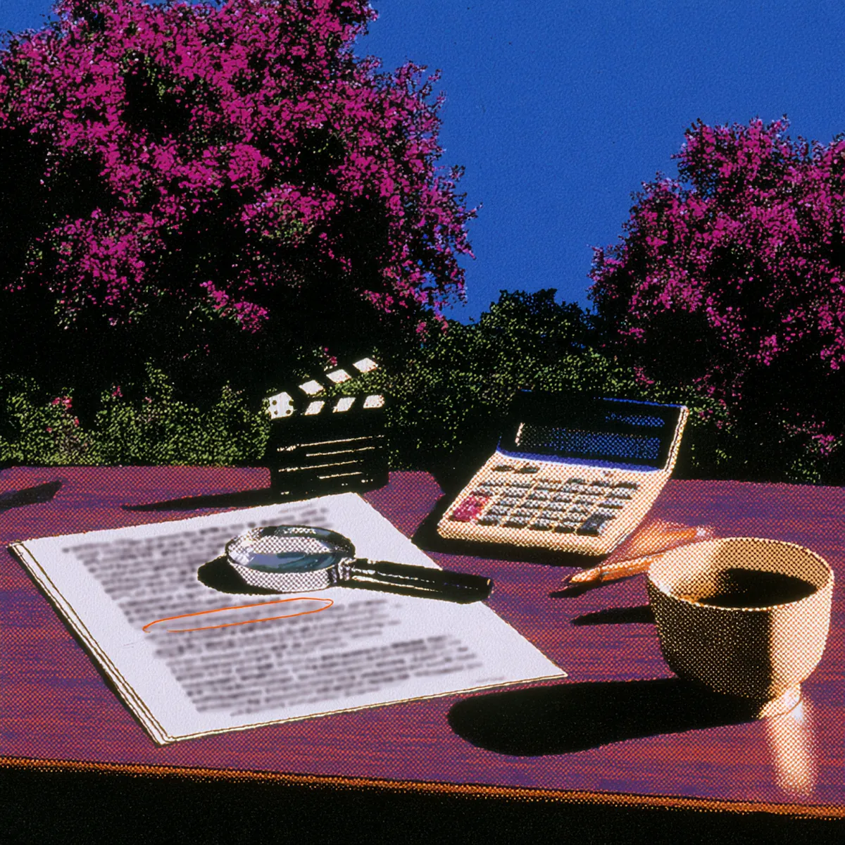 Devis de production vidéo examiné à la loupe, avec calculatrice, clap et café sur le bureau