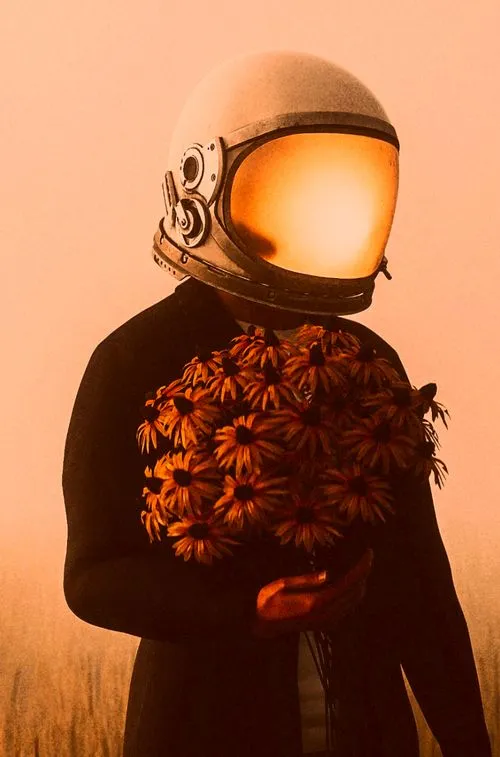 Astronaut med blomster – subtil romfartsreferanse som speiler RocketSports visuelle retning (skandinavisk, minimalistisk).