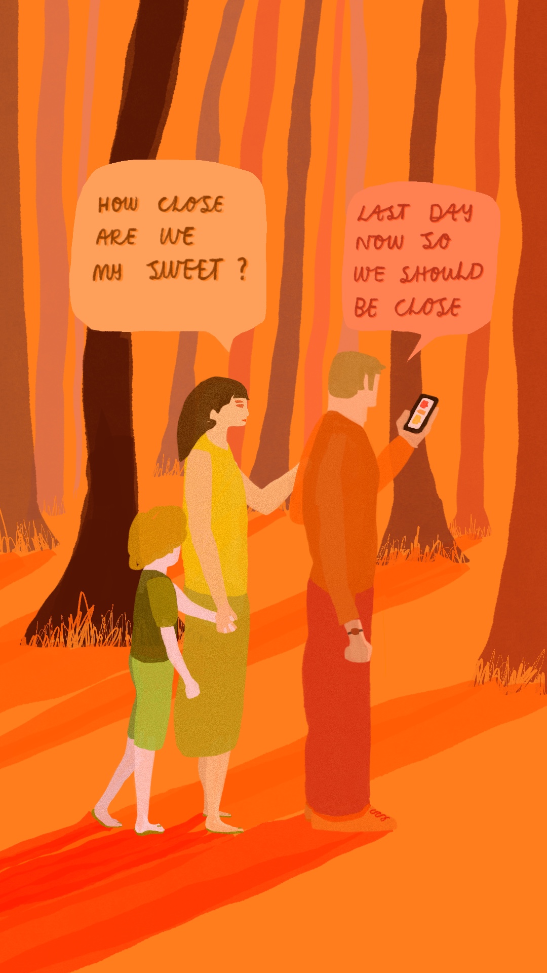 a young family wandering through the woods in autumn