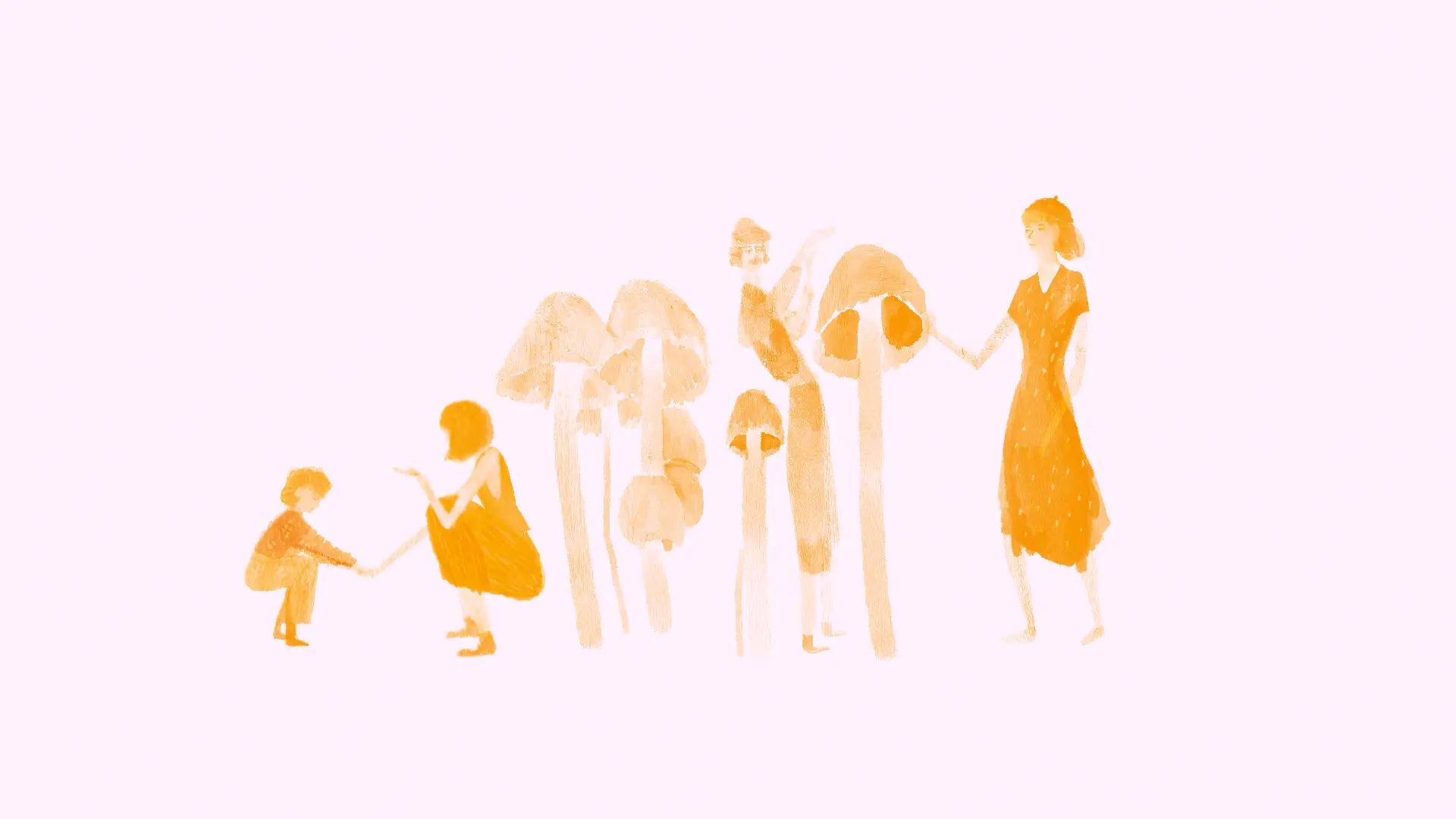 group of elegant humans hiding within a large mushroom patch