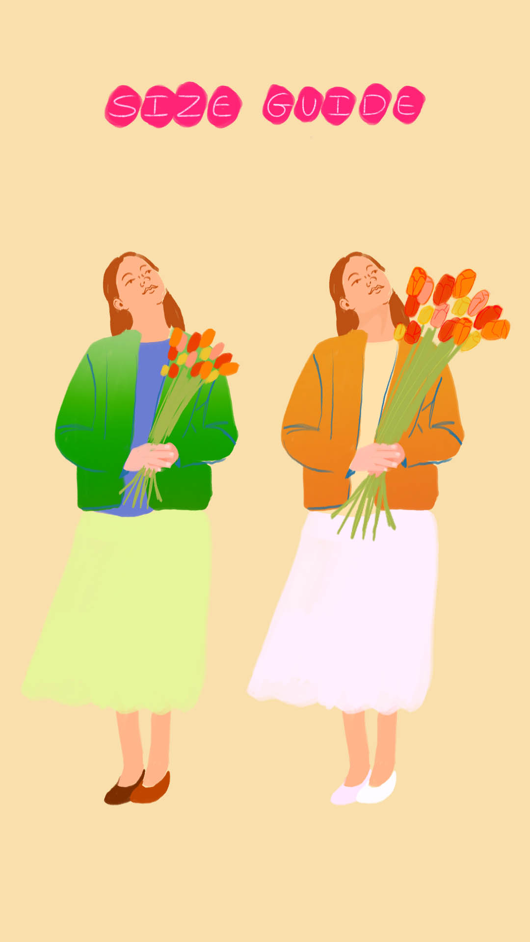 flower size guide with two ladies holding flowers