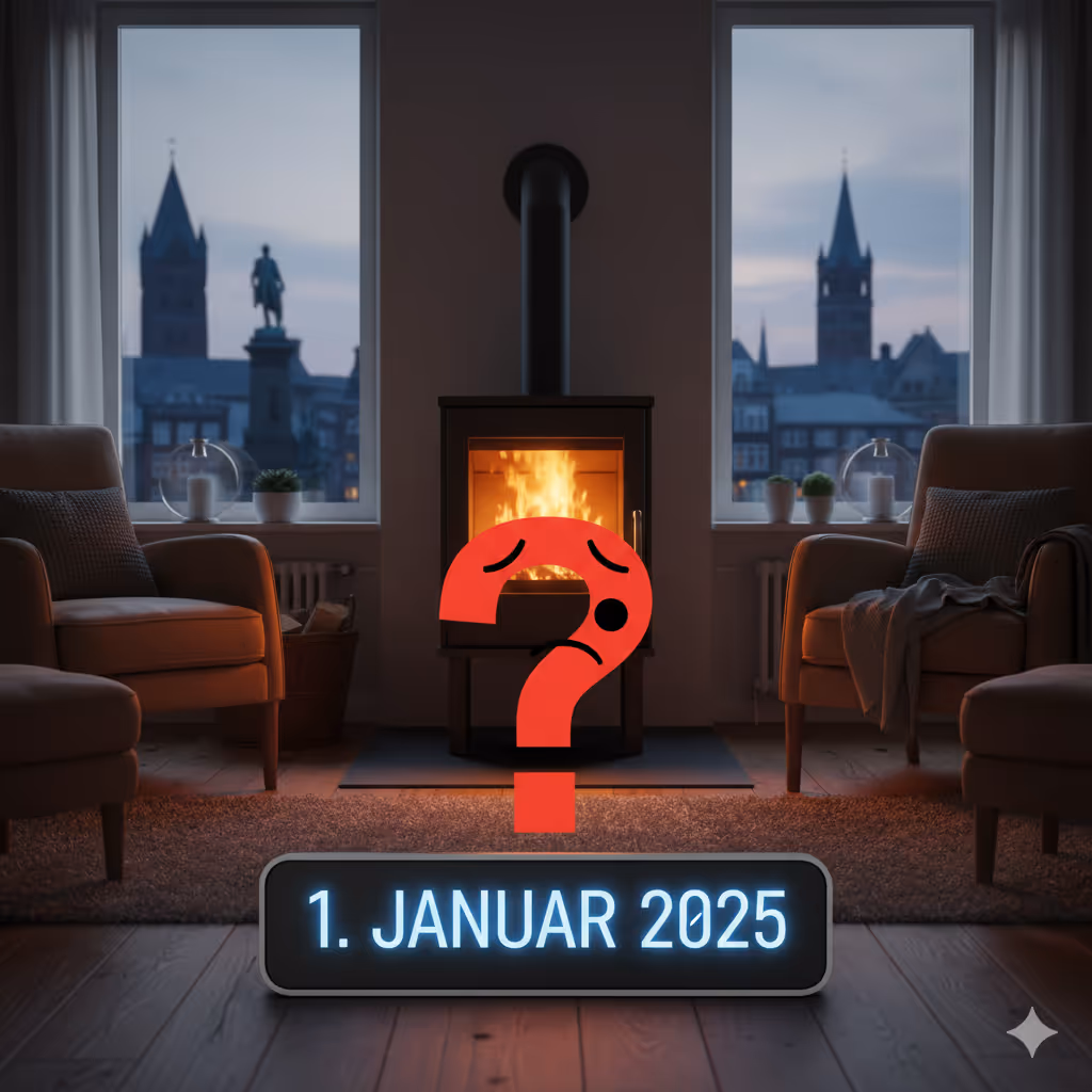 Ein gemütliches Wohnzimmer mit brennendem Kamin, zwei Sesseln und Blick auf eine Stadt mit Türmen bei Dämmerung, überlagert von einem großen roten fragenden Fragezeichen und dem Text "1. Januar 2025".