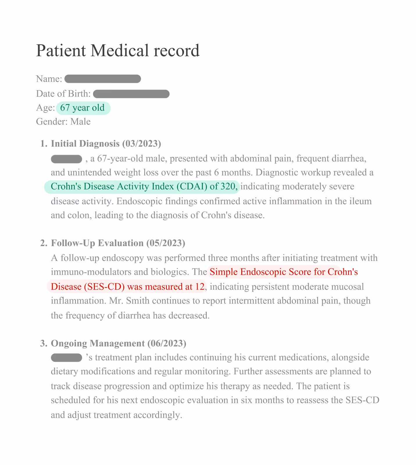 Patient medical record showing a 67-year-old male diagnosed with Crohn's disease, CDAI score of 320, and SES-CD score of 12 with ongoing treatment plan.