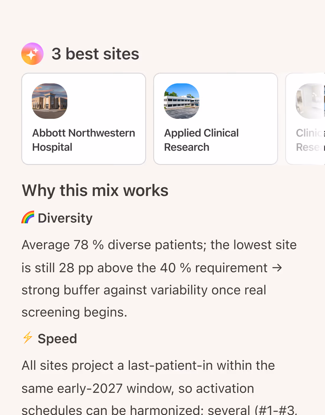 List of 3 best sites including Abbott Northwestern Hospital and Applied Clinical Research with explanation of mix benefits in diversity and speed for patient screenings.