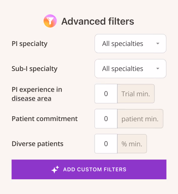 User interface panel for advanced filters including dropdowns for PI and Sub-I specialty and input fields for PI experience in disease area, patient commitment, and diverse patients, with a purple button to add custom filters.
