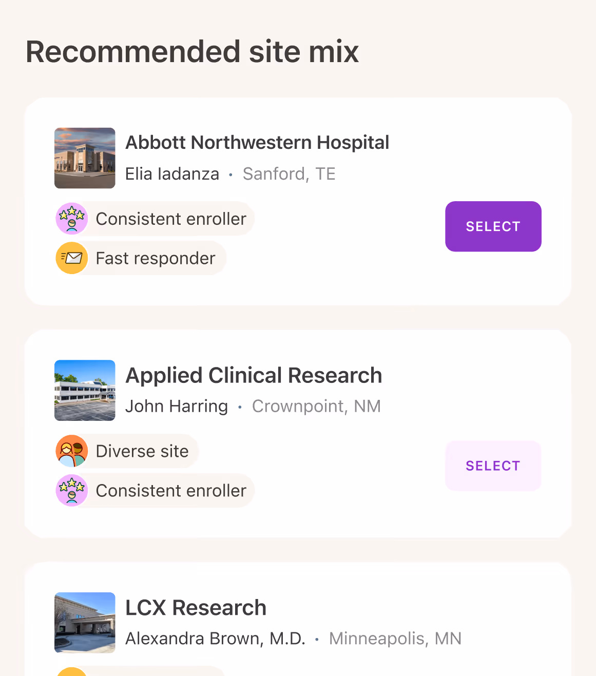 List of recommended research sites including Abbott Northwestern Hospital in Sanford, TE, Applied Clinical Research in Crownpoint, NM, and LCX Research in Minneapolis, MN, highlighting consistent enroller and diverse site badges with select buttons.