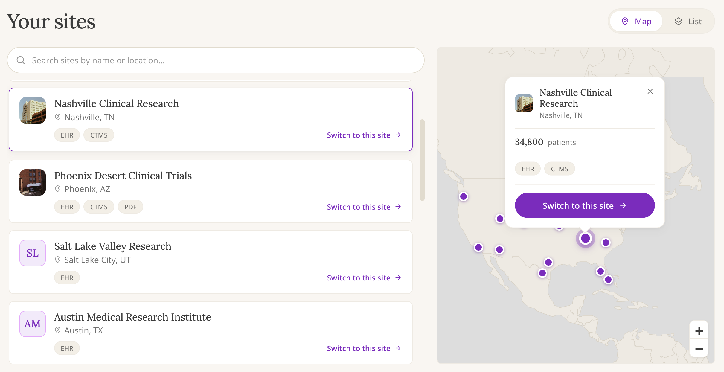 Inato Sites view: a list of network sites beside a map of site locations