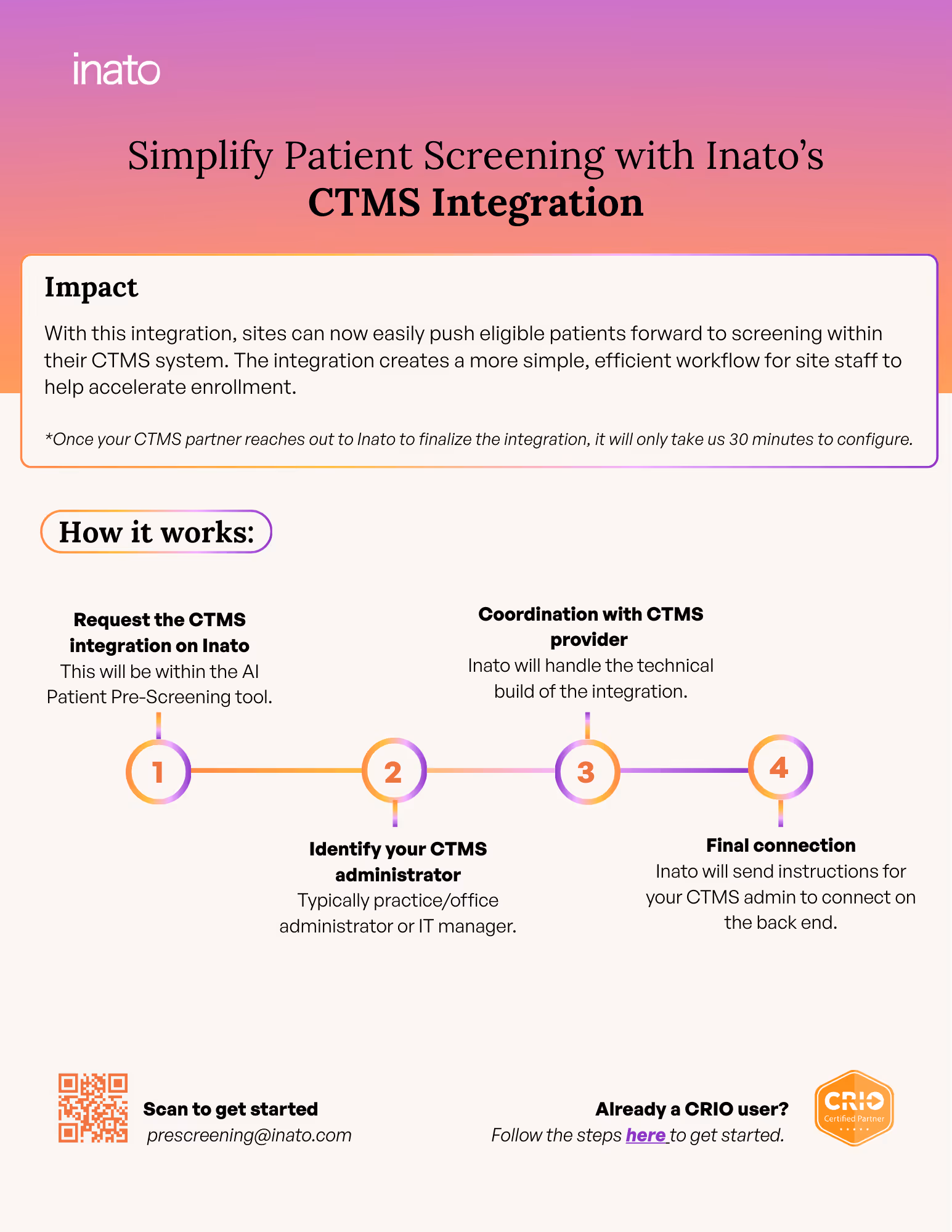 With this integration, sites can now easily push eligible patients forward to screening within their CTMS system. The integration creates a more simple, efficient workflow for site staff to help accelerate enrollment.