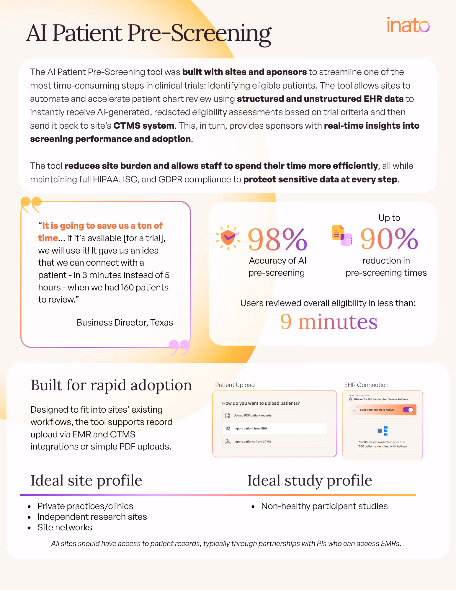 The AI Patient Pre-Screening tool was built with sites and sponsors to streamline one of the most time-consuming steps in clinical trials: identifying eligible patients. The tool allows sites to automate and accelerate patient chart review using structured and unstructured EHR data to instantly receive AI-generated, redacted eligibility assessments based on trial criteria and then send it back to site’s CTMS system. 