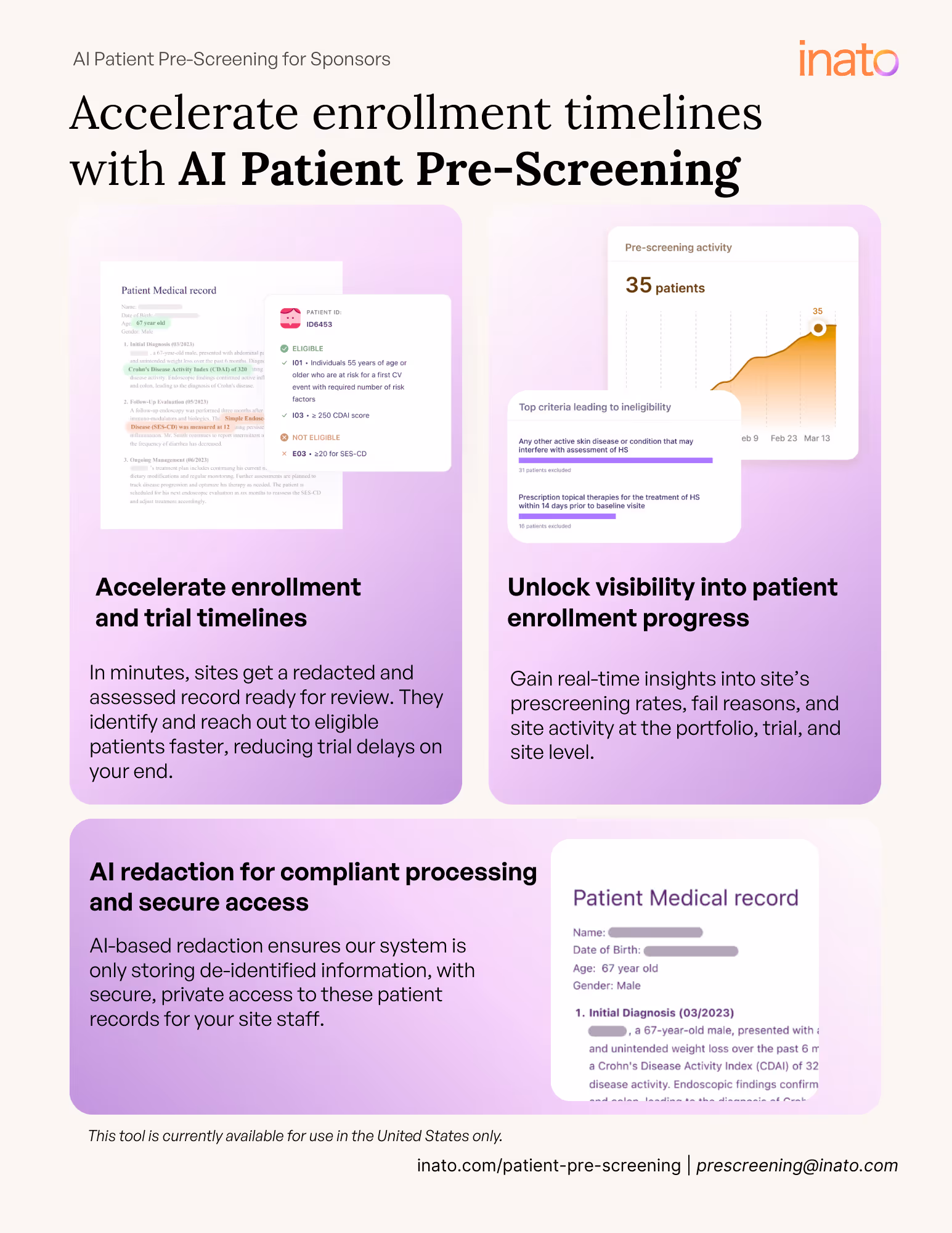 AI Patient Pre-Screening gives sponsors real-time visibility into trial-specific patient access and eligibility trends — while enabling sites to identify patients faster and enroll more efficiently. Together, this reduces trial delays, de-risks enrollment, and drives better performance across your portfolio.