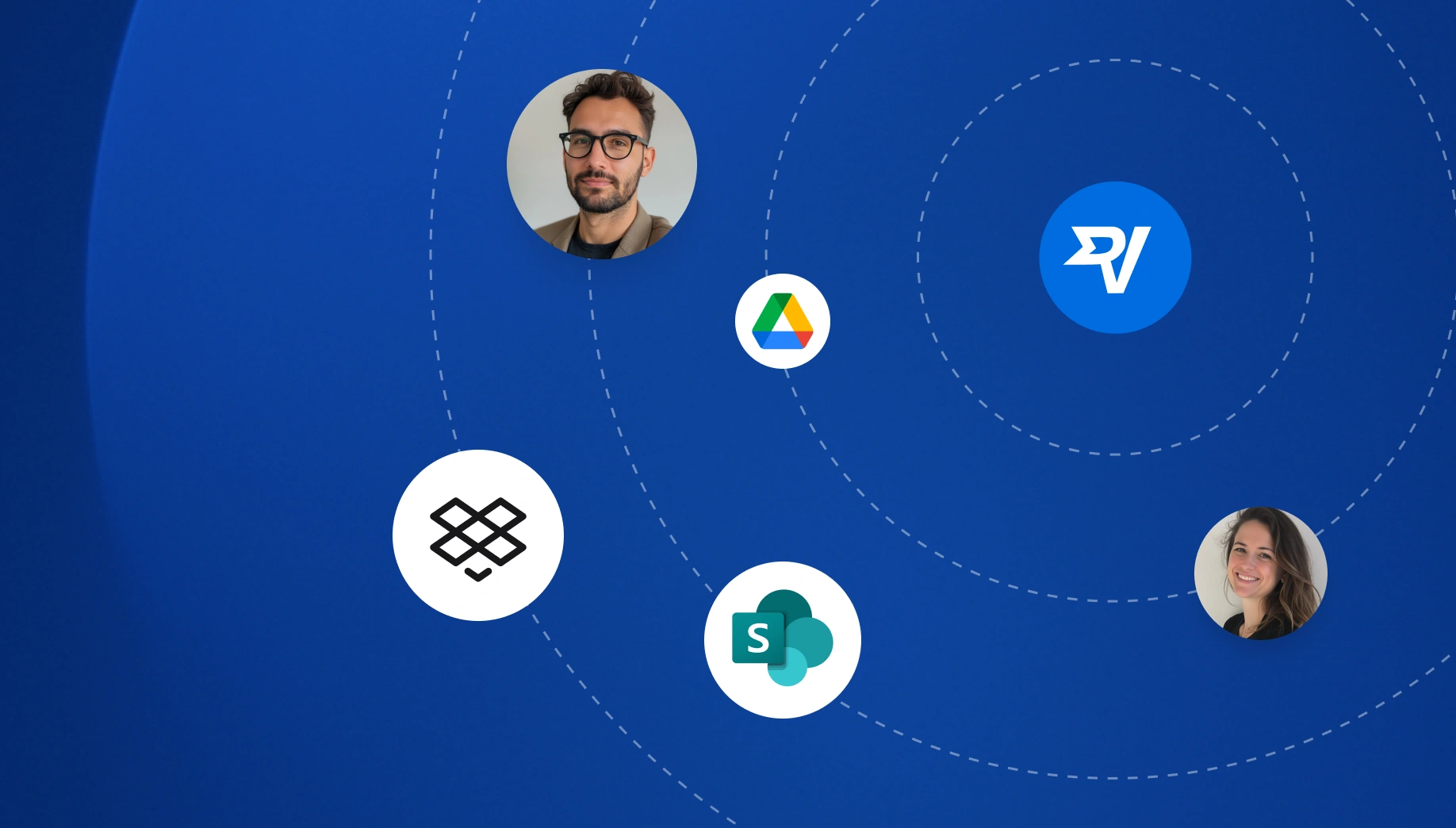 Blue background with dotted circular lines. Icons for Dropbox, Google Drive, SharePoint, and Rocket meet face images, suggesting connectivity and collaboration.