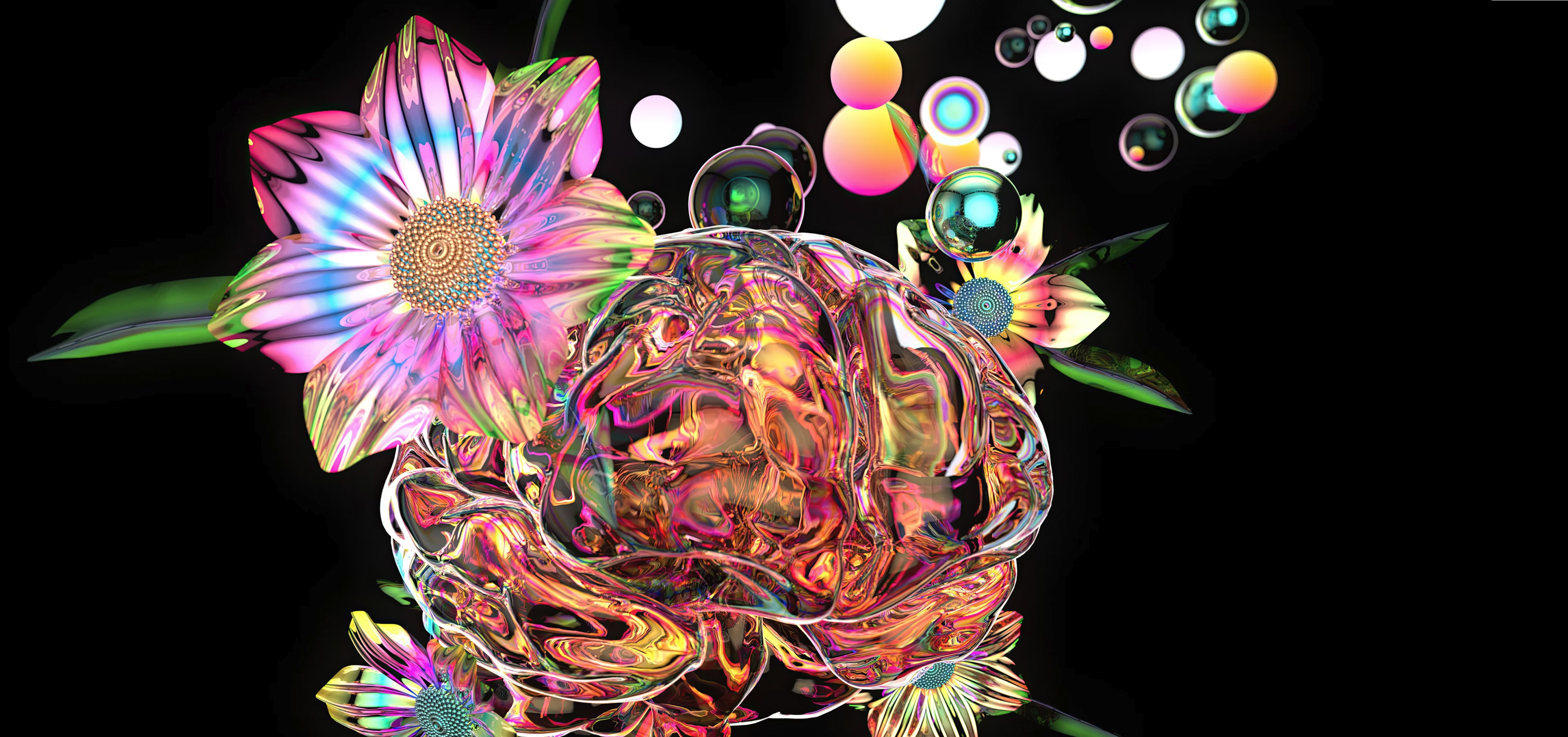A colorful, abstract digital artwork of a transparent brain, surrounded by iridescent flowers and floating bubbles, set against a black background. The scene appears vibrant and surreal.