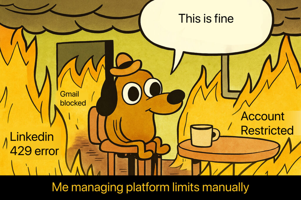 This is Fine" dog sitting in burning room, but the fire is labeled with platform limits like "LinkedIn 429 Error", "Gmail Blocked", "Account Restricted" - with caption "Me managing platform limits manually