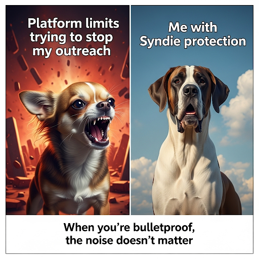 Meme: "Platform limits trying to stop my outreach" (small angry chihuahua) vs "Me with Syndie protection" (giant calm dog not even noticing) with caption "When you're bulletproof, the noise doesn't matter"