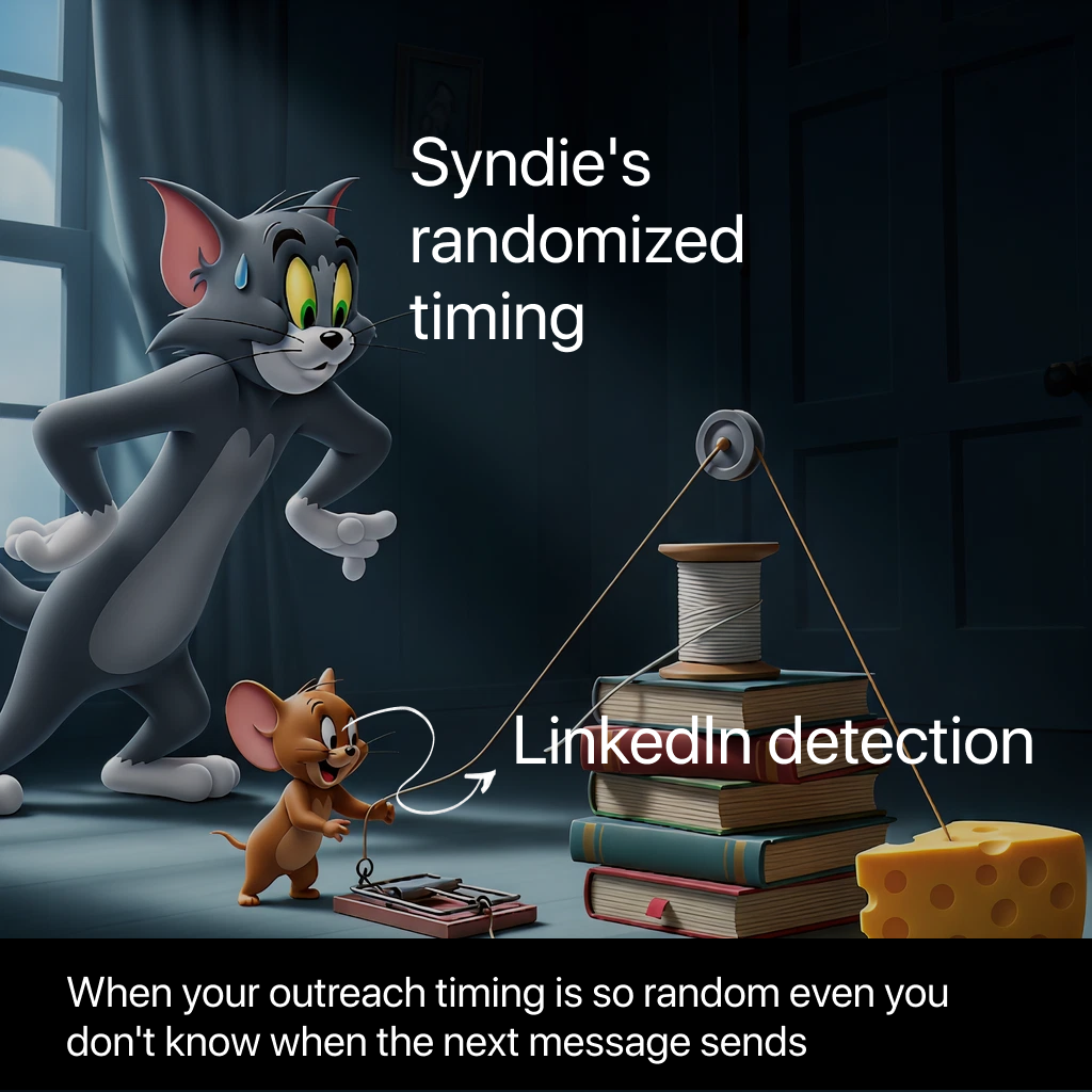 Meme: "Sneaking past LinkedIn's algorithm" - Tom from Tom & Jerry tiptoeing in the dark (labeled "Syndie's randomized timing") vs Jerry setting up a trap (labeled "LinkedIn detection") with caption "When your outreach timing is so random even you don't know when the next message sends"