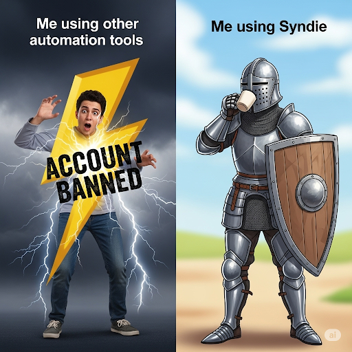 Meme: "Me using other automation tools" (person getting struck by lightning labeled "Account Banned") vs "Me using Syndie" (person in full armor with shield, completely protected, sipping coffee casually)