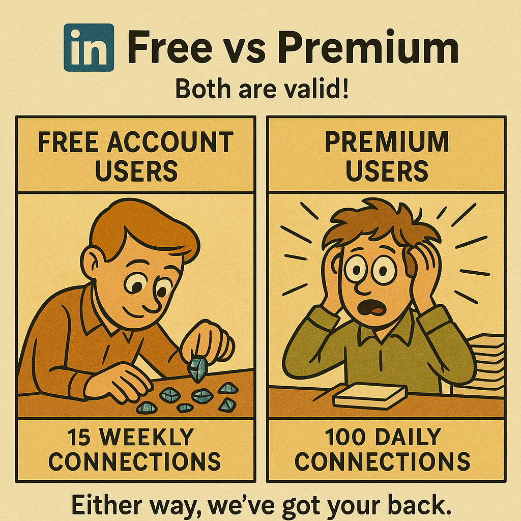 Meme: "LinkedIn Free vs Premium - Both are valid!" - Split image showing "Free account users" (person carefully counting 15 weekly connections like precious gems) vs "Premium users" (person with 100 daily connections but still looking overwhelmed) with caption "Either way, we've got your back"