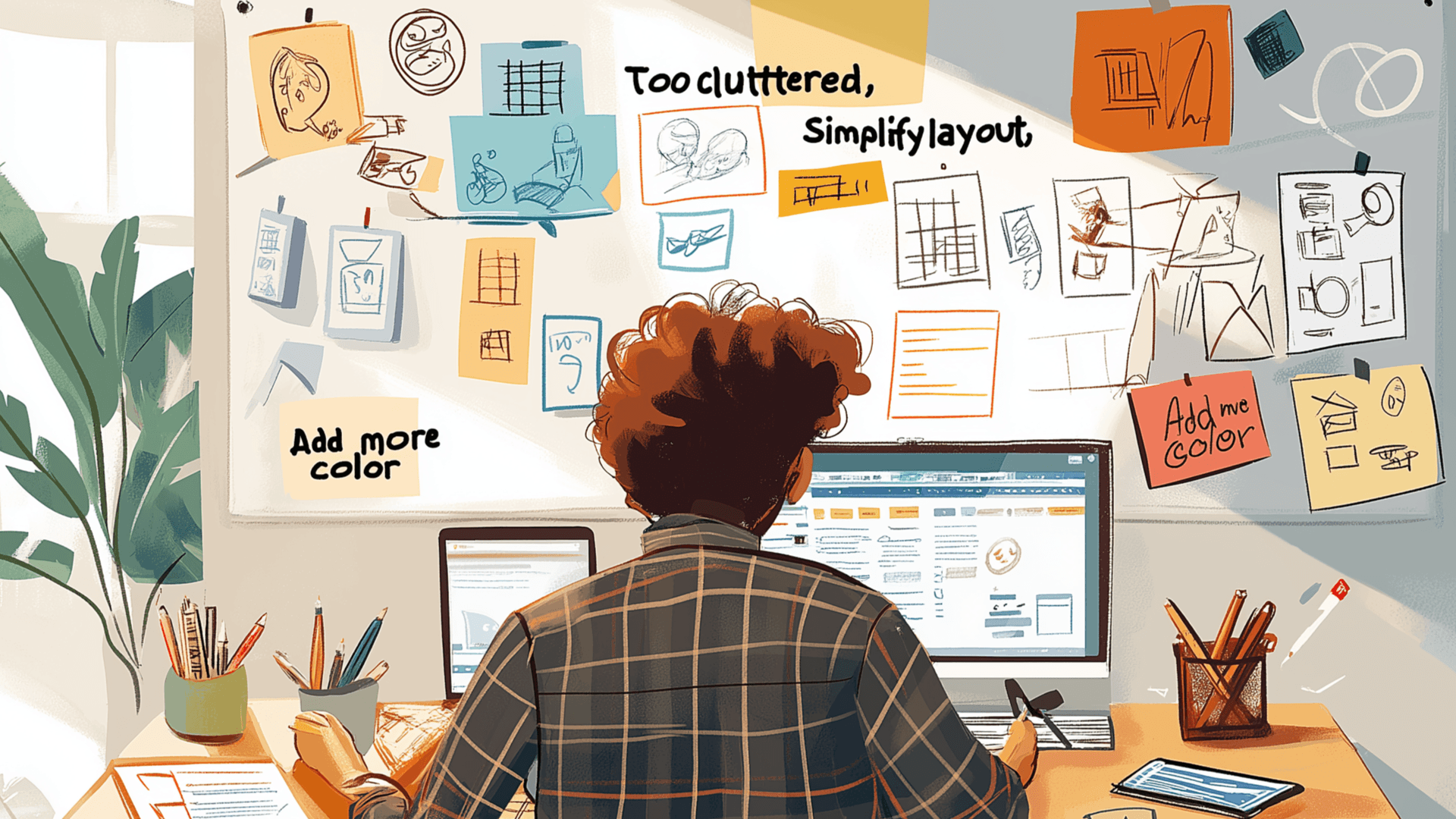 A designer at a desk, surrounded by sketches and design mockups.