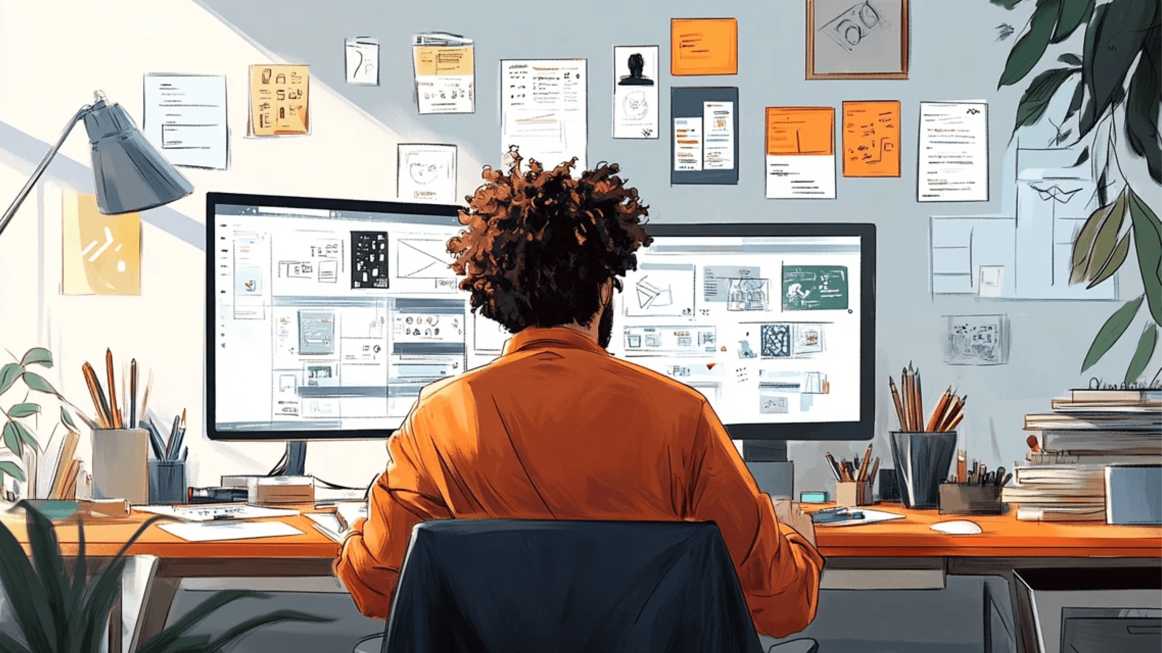 A designer sitting at a desk, surrounded by design tools and a computer screen displaying a design system interface, looking puzzled yet intrigued.